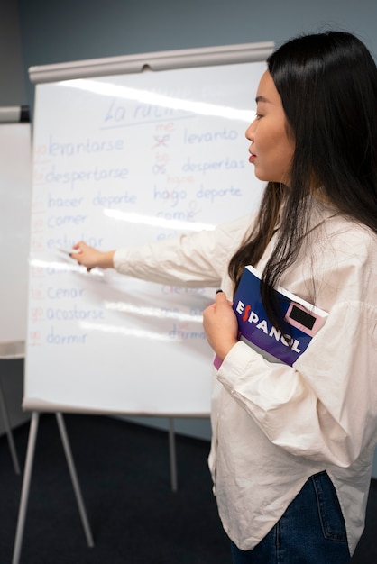 Free photo side view woman explaining grammar mistakes