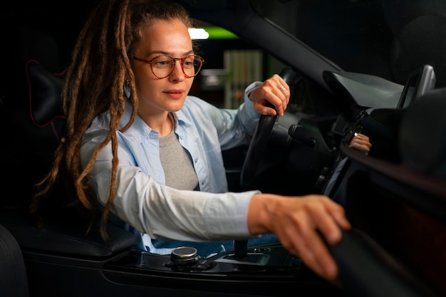 Free photo side view woman at gas station