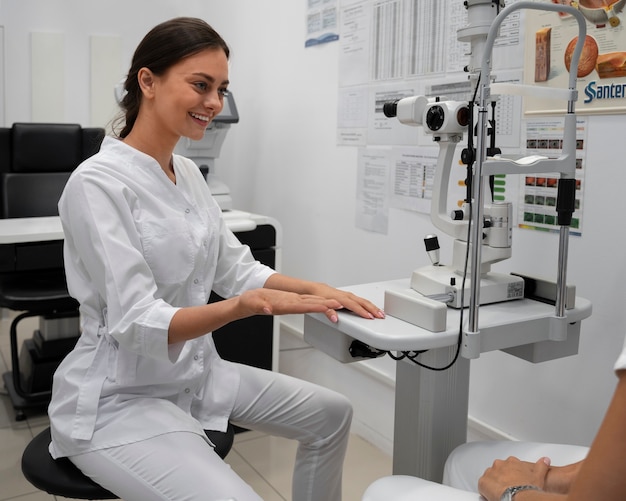 Free photo side view woman getting her eyes checked