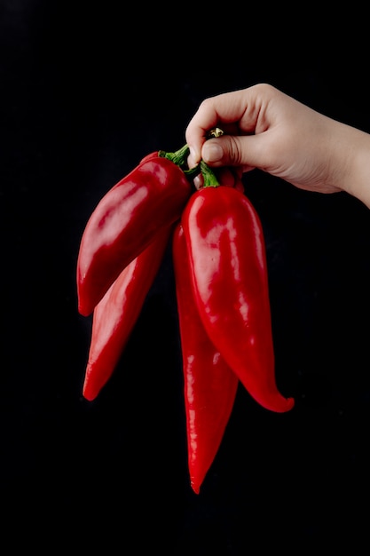 Free photo side view of woman hand holding red peppers on black background