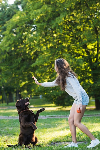 Free photo side view of a woman having fun with her dog in garden