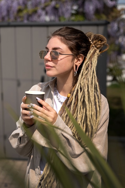 Side view woman holding coffee cup