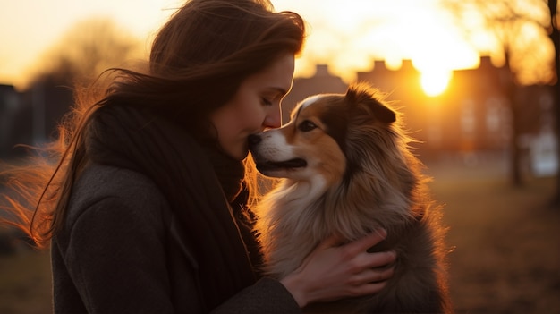 無料写真 側面図の女性が犬を抱いている