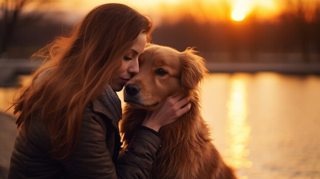 側面図の女性が犬を抱いている