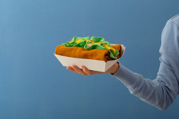 Free photo side view woman holding food made out of clothes