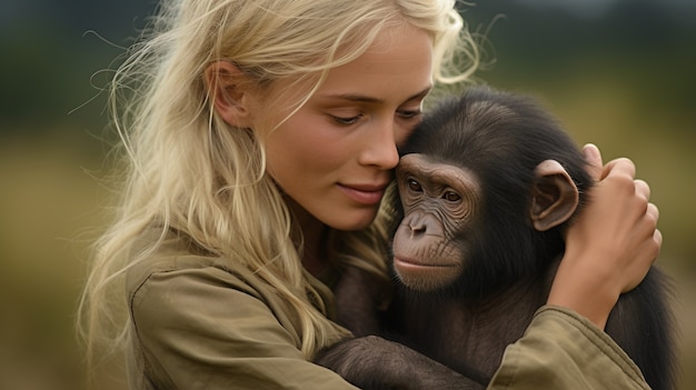 Free photo side view woman holding monkey