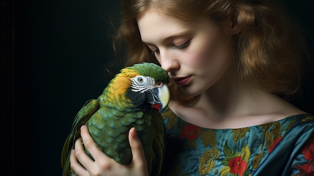 Free photo side view woman holding parrot