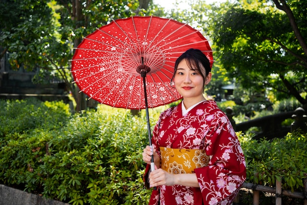 Side view woman holding wagasa umbrella