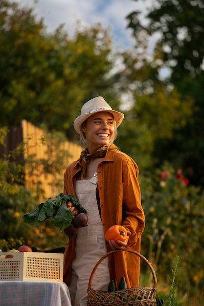 Side view woman living at farmhouse