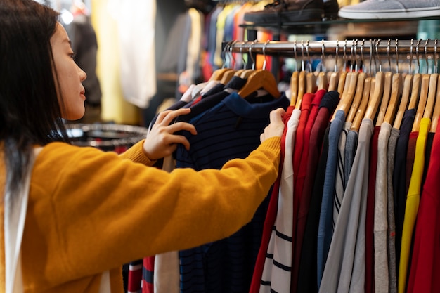 Free photo side view woman looking at clothes