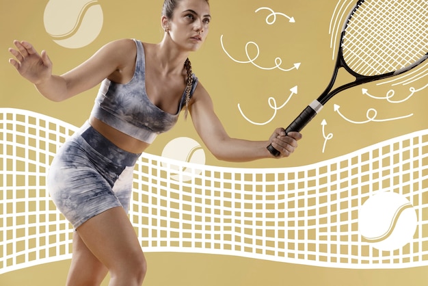 Вид сбоку женщина играет в теннис