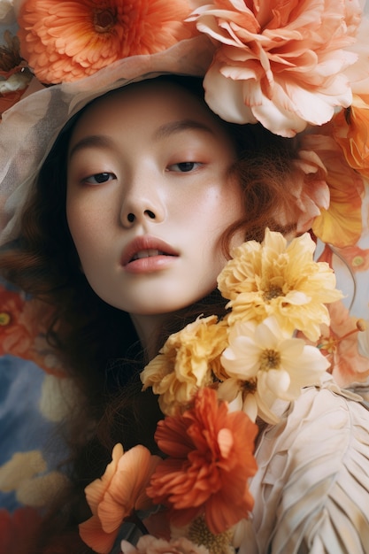 Free photo side view woman posing with beautiful flowers