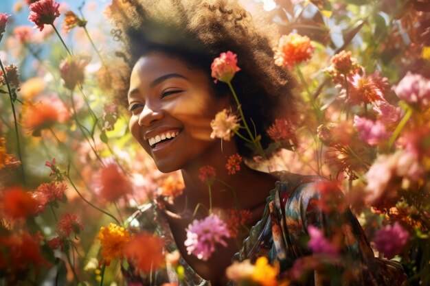 Side view woman posing with flowers