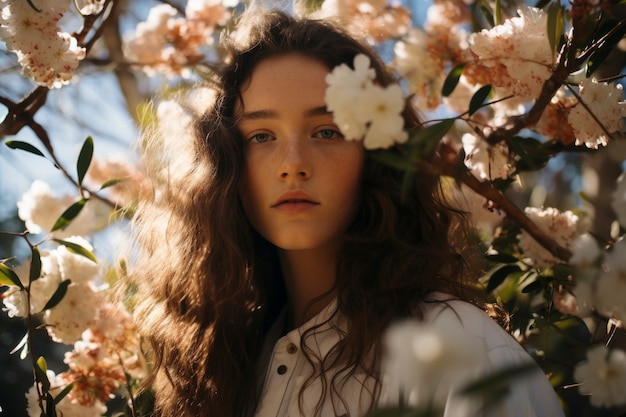 Foto gratuita veduta laterale donna che posa con i fiori