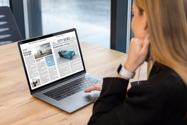 Free photo side view woman reading digital magazine