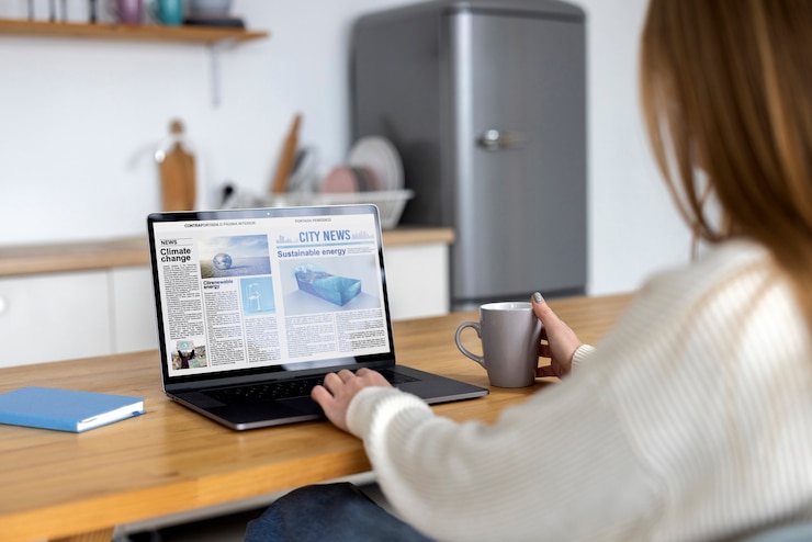 Free Photo side view woman reading digital magazine