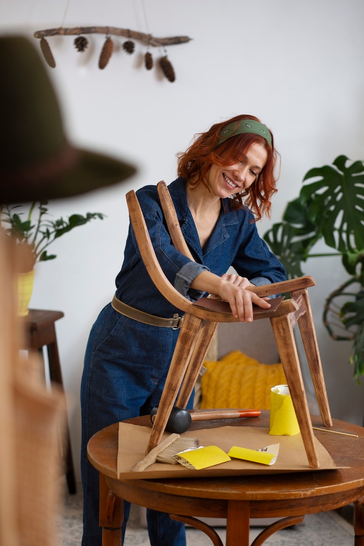 Free Photo side view woman restoring wooden furniture