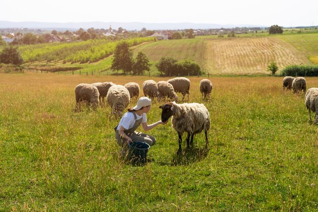 Side view woman shepherd feeding sheep