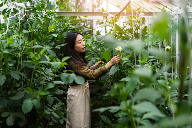 side view woman taking care of plants