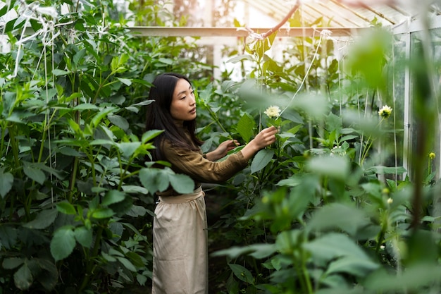 Side view woman taking care of plants