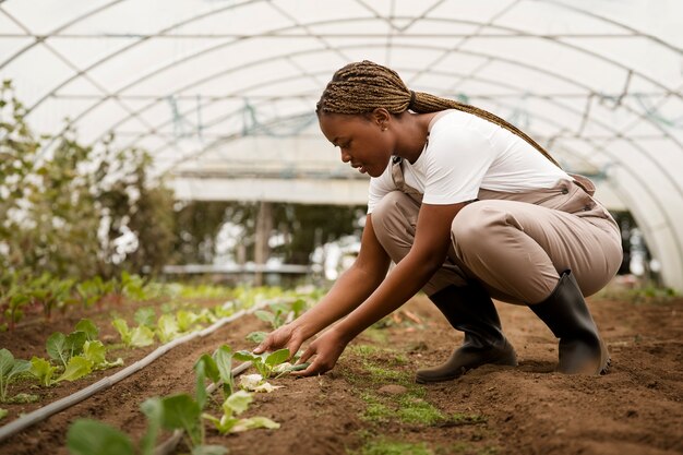 Side view woman taking care of plants