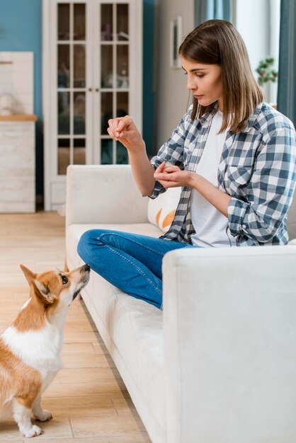 Side view of woman training her dog with treats