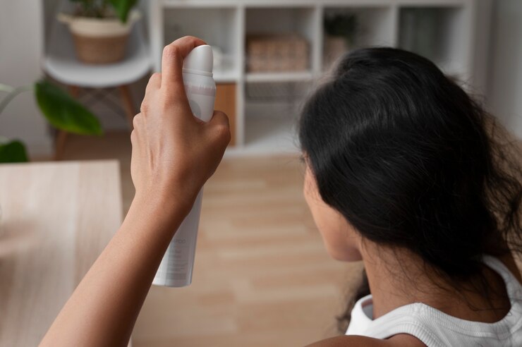 無料Photo 自宅でドライシャンプーを使用する側面図の女性