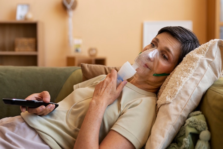 Free Photo side view woman using nebulizer