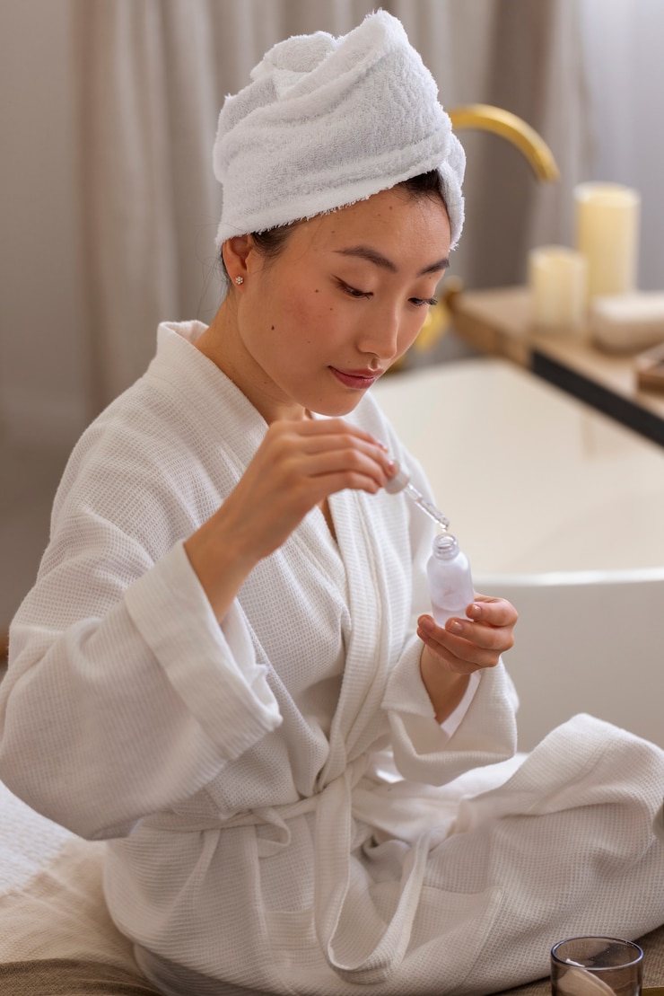 Free Photo side view woman using serum