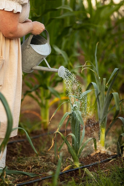 Side view woman watering plants