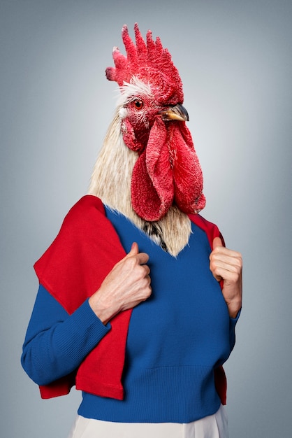 side view woman wearing chicken head