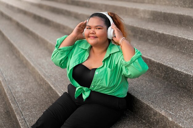 Side view woman wearing headphones