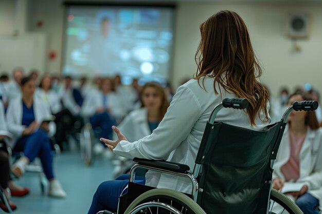 Side view woman in wheelchair at work