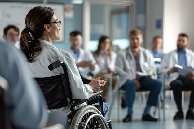 Side view woman in wheelchair at work