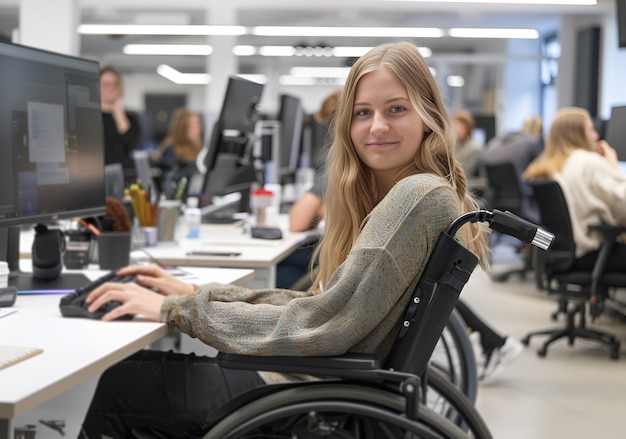 Side view woman in wheelchair at work