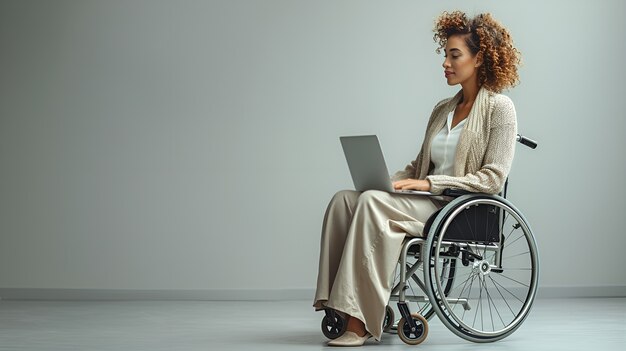 Side view woman in wheelchair at work