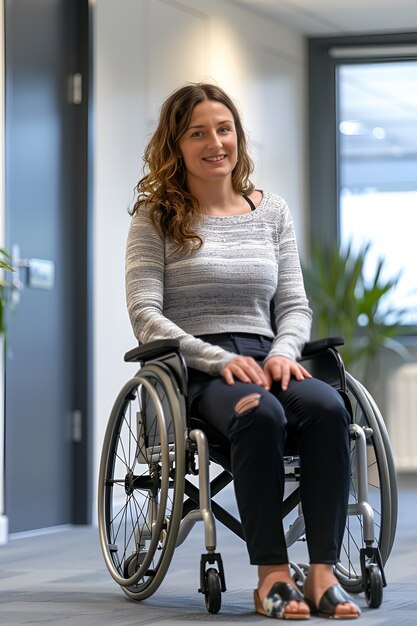 Side view woman in wheelchair at work