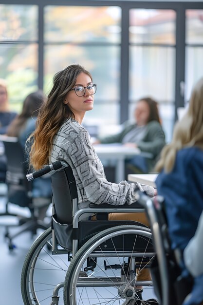 Side view woman in wheelchair at work