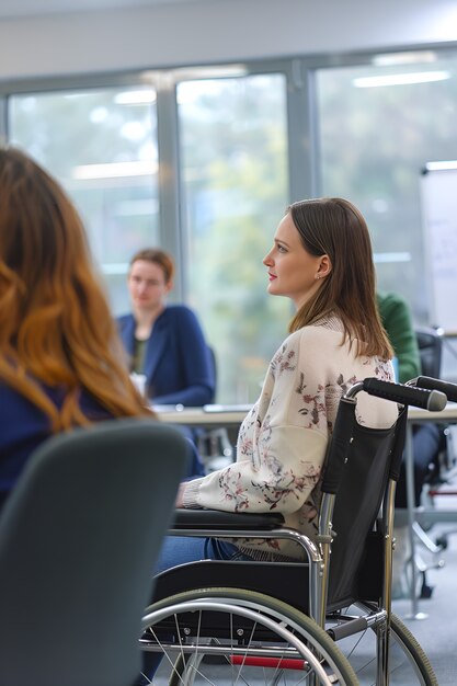 Side view woman in wheelchair at work