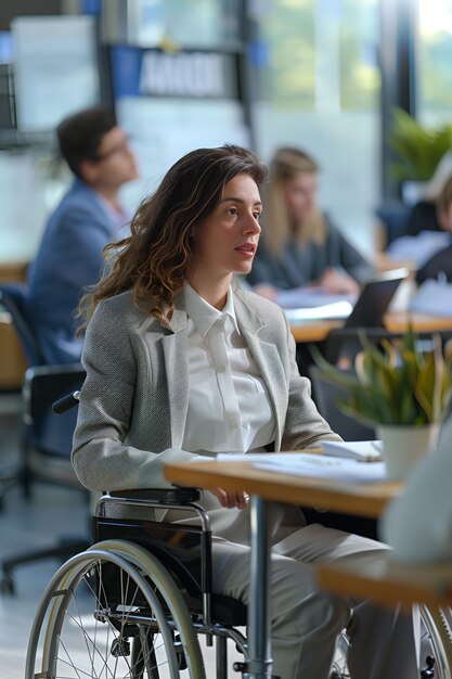 Side view woman in wheelchair at work