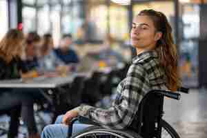 Free photo side view woman in wheelchair at work