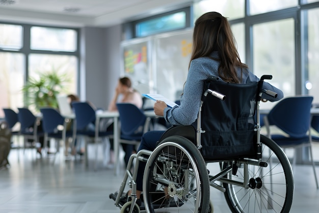 Free photo side view woman in wheelchair at work