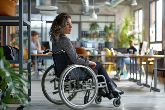 Free photo side view woman in wheelchair working