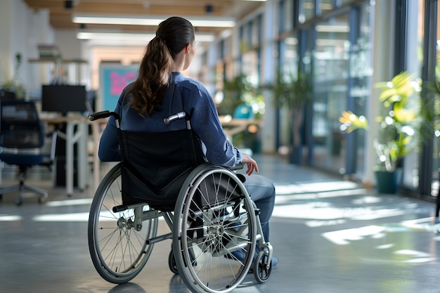 Free photo side view woman in wheelchair working