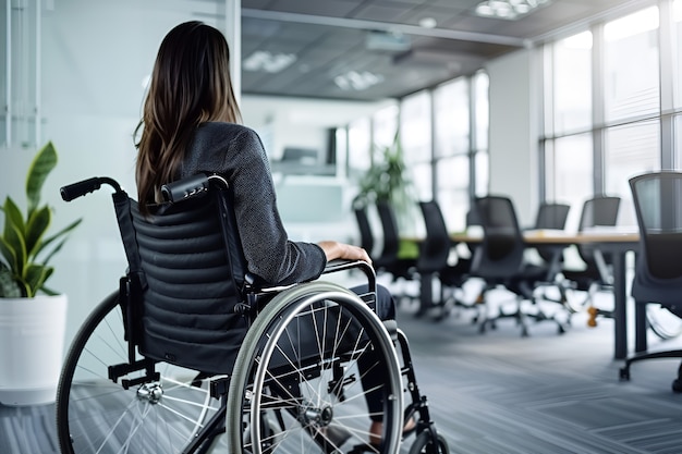 Side view woman in wheelchair working