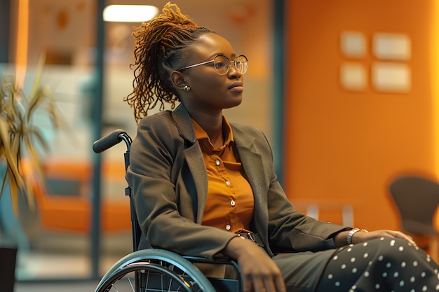 Free photo side view woman in wheelchair working