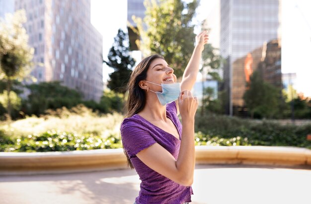 Side view woman with face mask