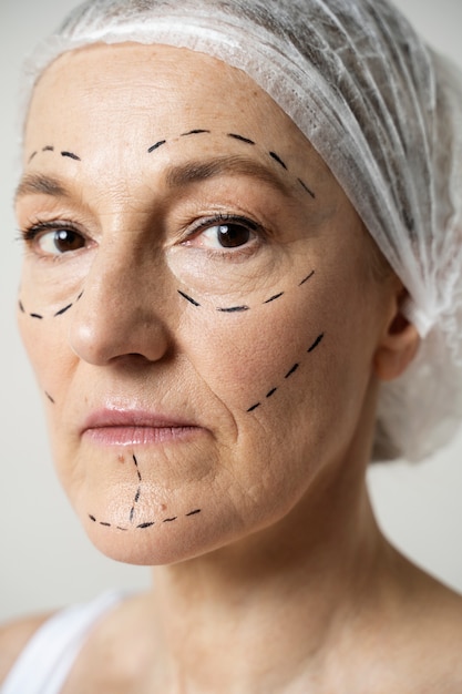Бесплатное фото Вид сбоку женщина со следами маркера на лице