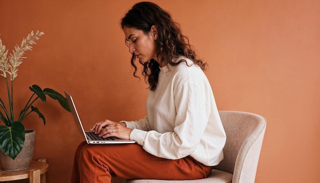 side view of a woman working with a laptop in a cozy setting