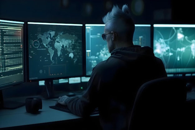 Free photo side view of young hacker in eyeglasses using computer at night